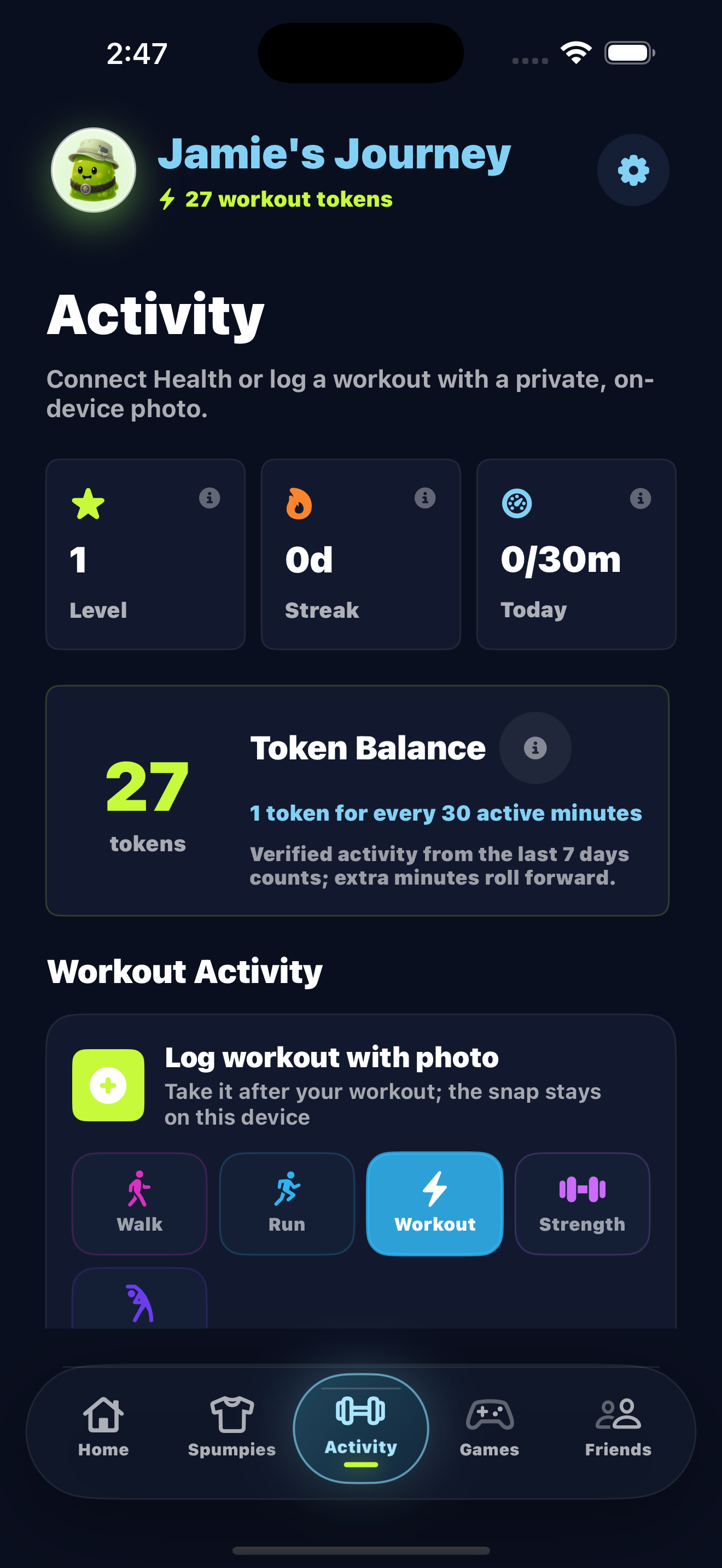 Spumpy activity screen showing workout progress